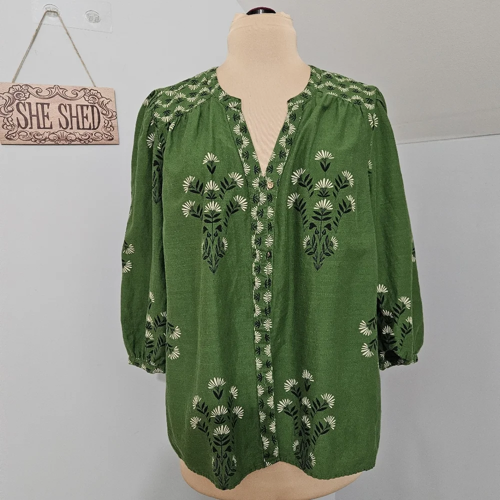 Knox Rose Green Floral Peasant Blouse Boho Size XL Cottagecore Hippie Gypsy - Picture 3 of 15